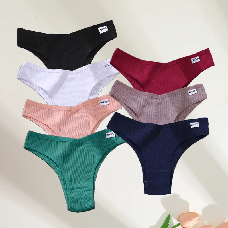 FINETOO 7Pcs Cotton Striped Brazilian Panties Women's Underwear Low-Waist Breathable Briefs Female Low-Rise T-Back Lingerie M-XL