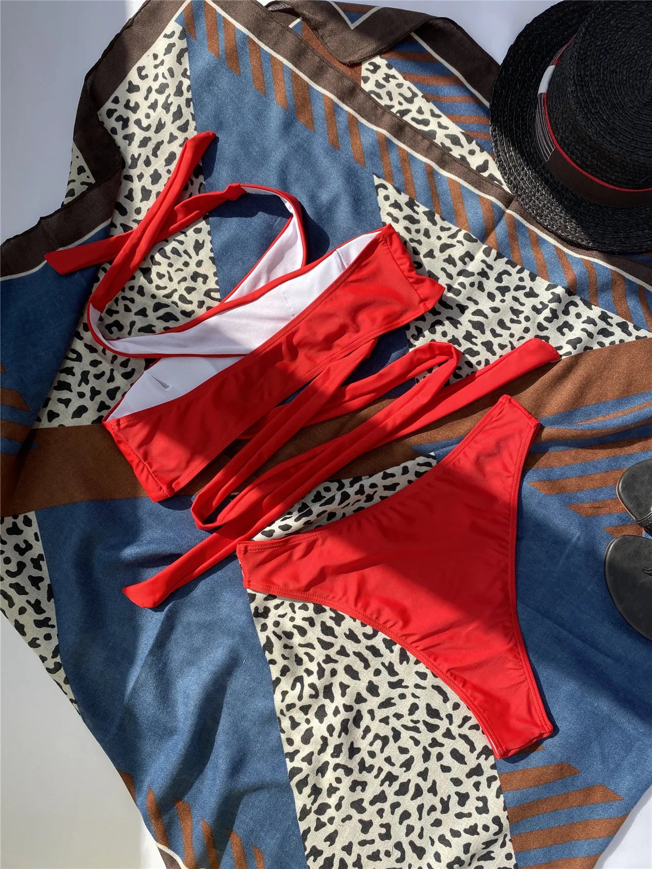 Cross Halter Hollow-Out Bikini Set — High Neck Wrap Top & High Waist Bottoms | Women's Swimwear