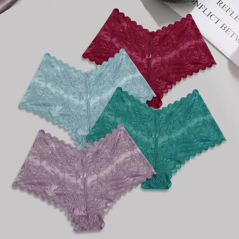 4-Pack All-Over Floral Lace Boyshorts — Hollow-Out Scalloped Low-Rise Panties