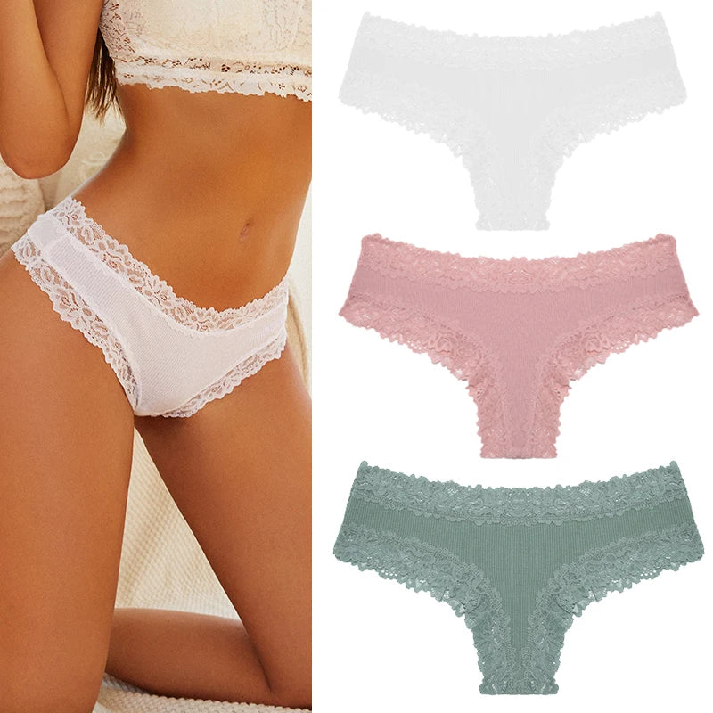 Women's Cotton Lace Briefs – 3-Piece Set | Soft Low-Rise Stretch Underwear (S–XL)