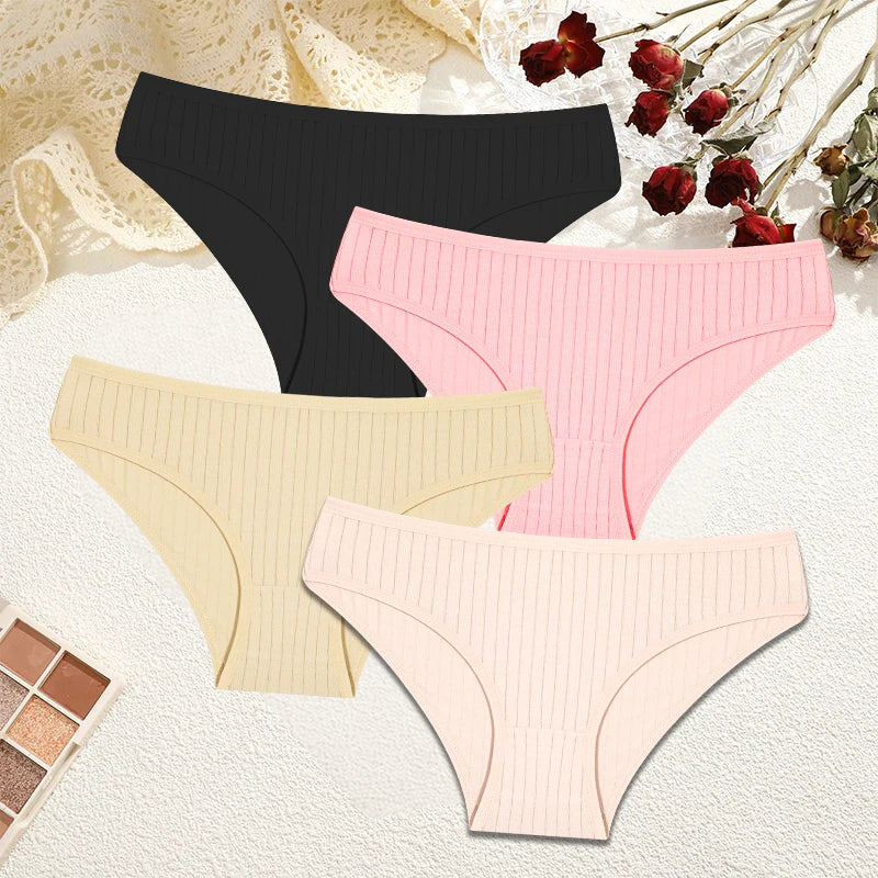 FINETOO 4Pcs Sexy Cotton Panties for Women Underwear Striped Panty Female Soft Lingeries Briefs Pantys Girl Underpant Intimates