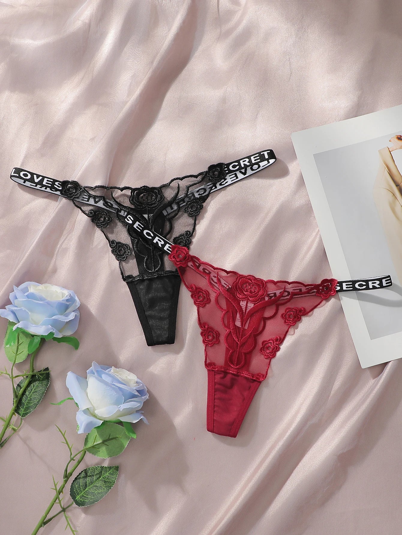 2-Pack Embroidered Rose Thong Set — Sheer Mesh G-String | Women's Sexy Lingerie