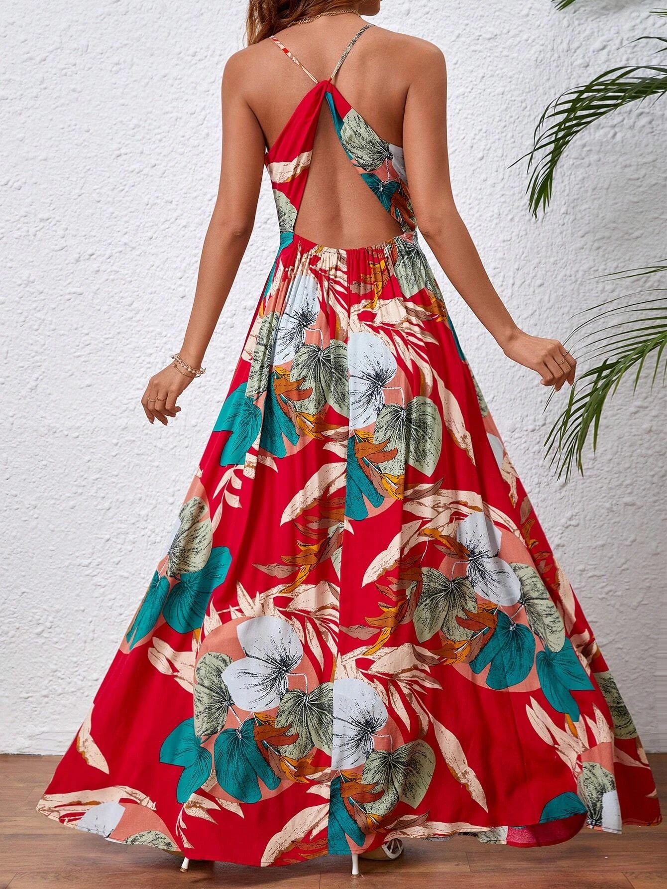 Tropical Print Thigh-High Slit Backless Spaghetti Strap Dress 1056