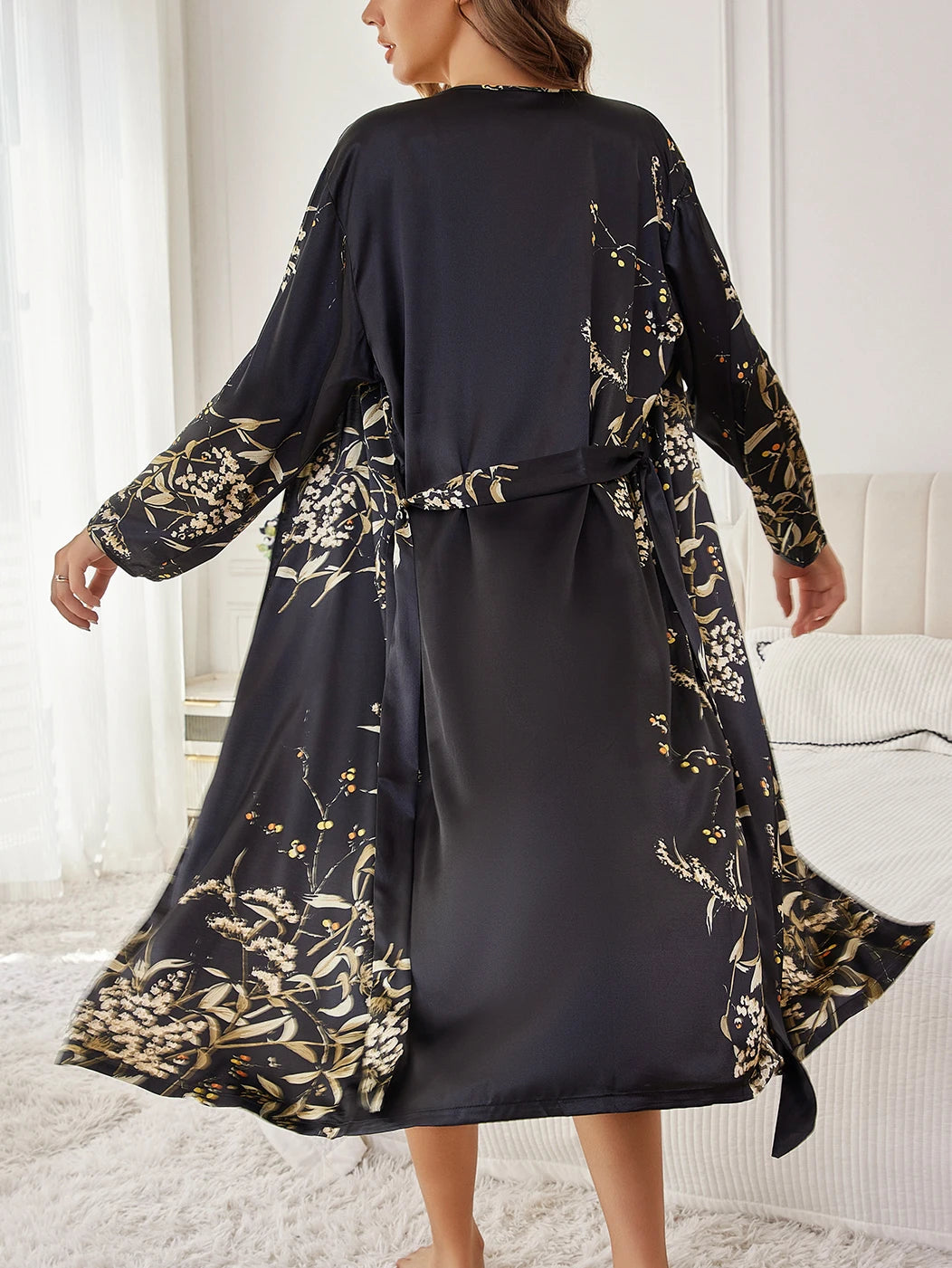 Satin Floral Robe & Camisole Nightdress Set — Elegant 2-Piece Sleepwear