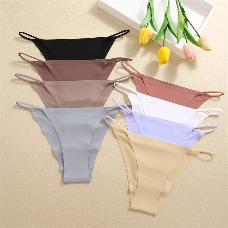 FINETOO 6Pcs Seamless Ice Silk Underwear for Women Sexy Thin Strap Briefs Girls Low Waist Breathable Panties No Trace Lingerie