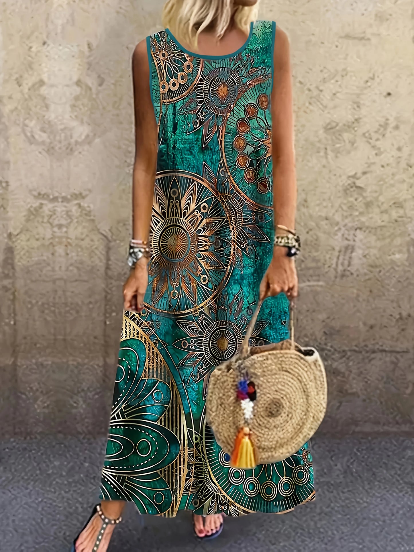 Women's Casual Dress with a Round Neck Sleeveless Featuring Paisley Pattern Print Leisure Bohemian Trendy V-neck Ankle-length