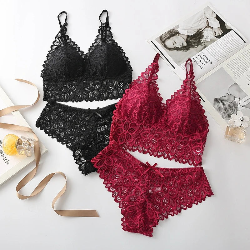 Floral Embroidery Lace Bra & Panty Set — Wire-Free Padded Bralette | Women's Lingerie