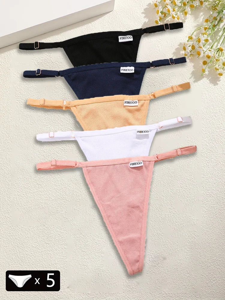 5-Pack Seamless Cotton G-String Panties – Adjustable Waist Low-Rise Underwear for Women (S–XL, 8 Color Sets)