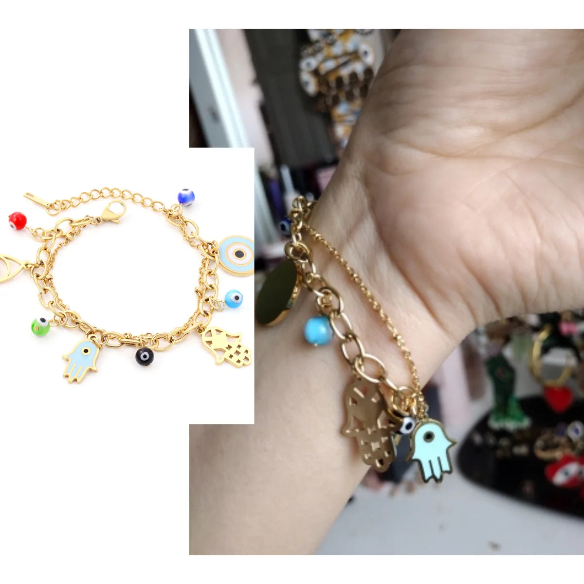Evil Eye Bracelet – 18K Gold-Plated Stainless Steel Boho Charm Bracelet for Women