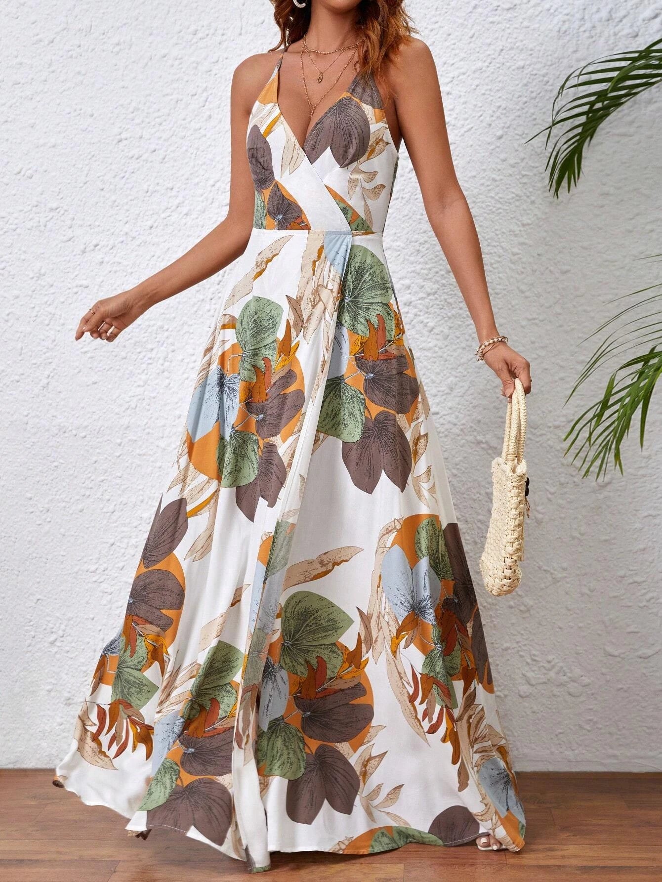 Tropical Print Thigh-High Slit Backless Spaghetti Strap Dress 1056