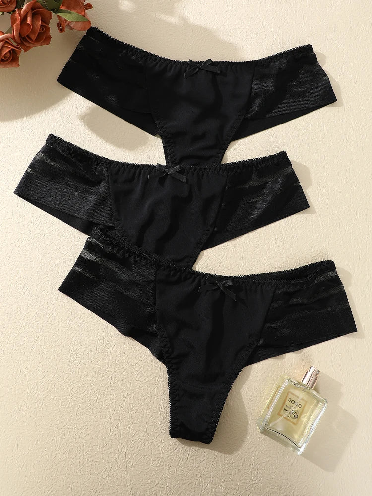 3-Pack Lace Hollow-Out Bow Thongs — Silky Low-Rise G-String Panties