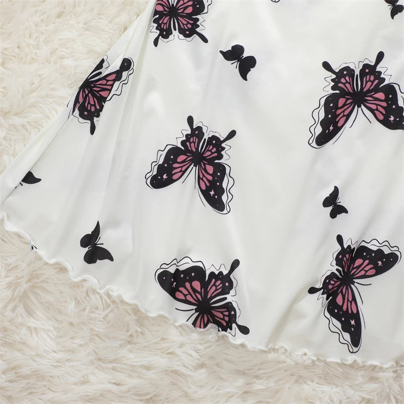 Butterfly Print Satin Sleep Dress — Spaghetti Strap Mini Nightgown