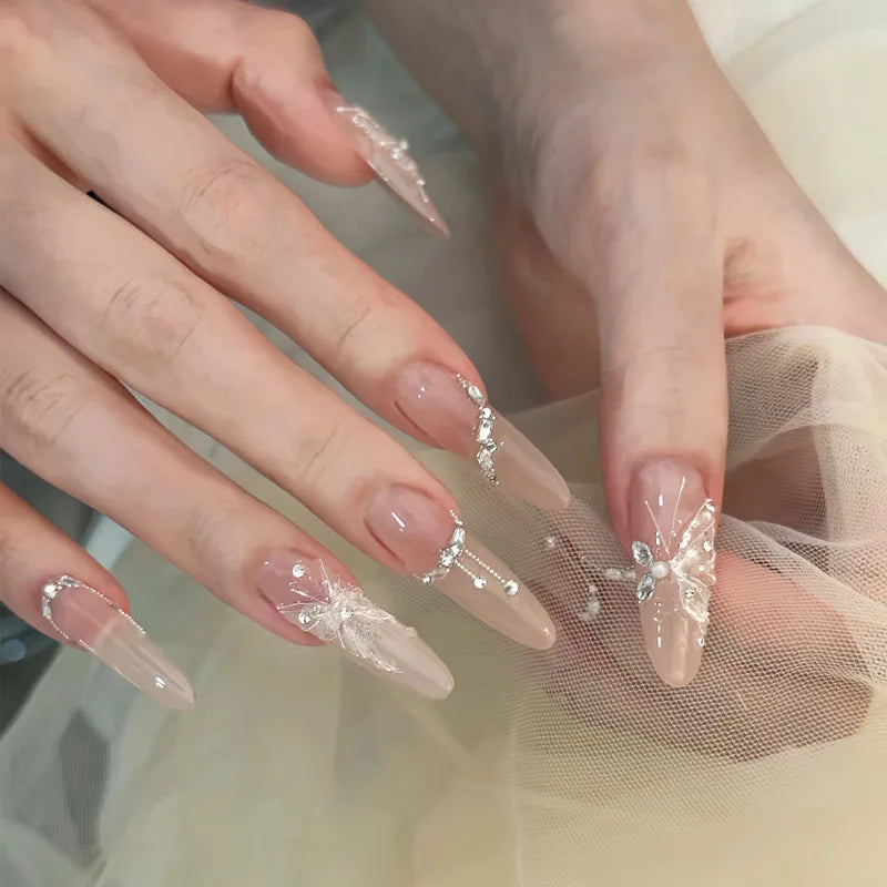Handmade Almond Press-On Nails - Butterfly, French & Pearl Designs, 24 Pieces