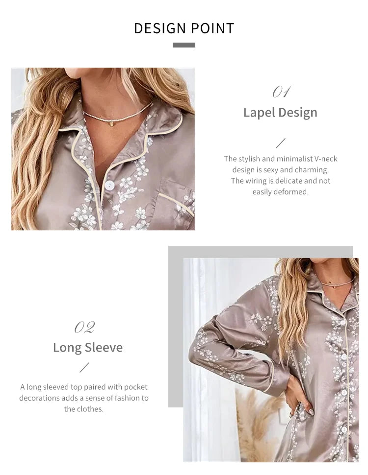 Satin Floral Pajama Set — Long Sleeve Button-Up Top & Pants
