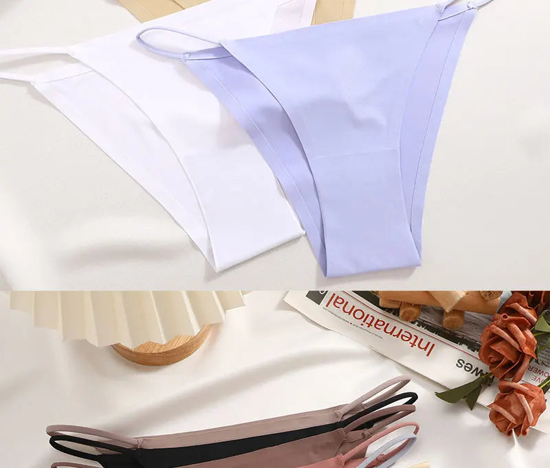 FINETOO 3Pcs Seamless Ice Silk Underwear New Color Sexy Thin Strap Briefs Girls Low Waist Breathable Panties No Trace Lingerie