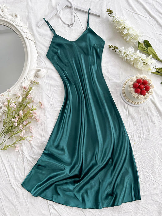 Satin Long Slip Nightdress — V-Neck Midi Sleeveless | Women's Elegant Sleepwear