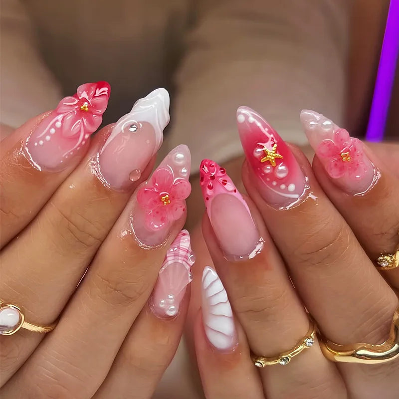Almond Press-On Nails - 3D Floral, Butterfly & French Tip, 24 Pieces