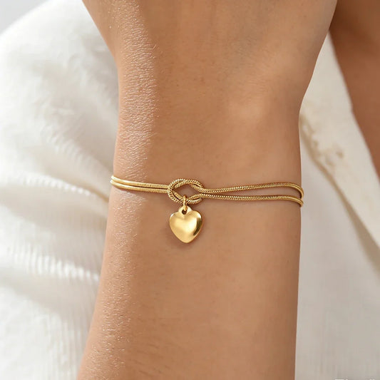 Cubic Heart Charm Bracelet – 18K Gold-Plated Stainless Steel Snake Chain for Women & Men