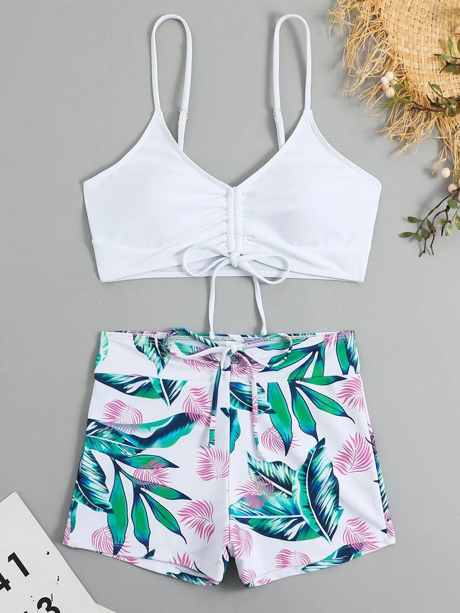 High Waist Shorts Bikini Set — Drawstring Top & Swim Shorts | Women's Swimwear