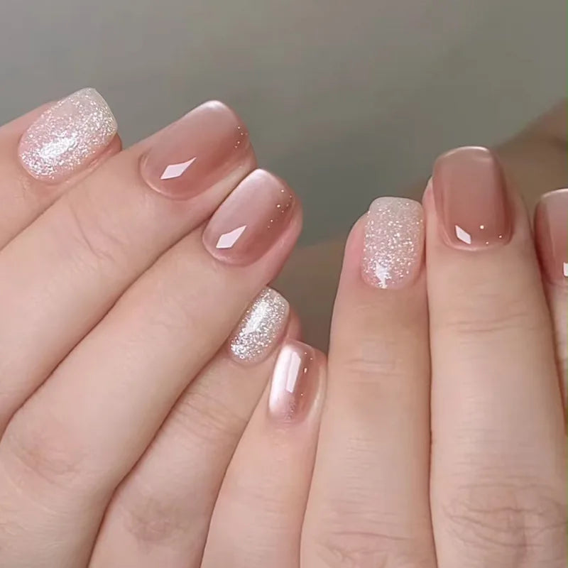 Short Square Cat Eye Press-On Nails with Glue - 24-Piece Set