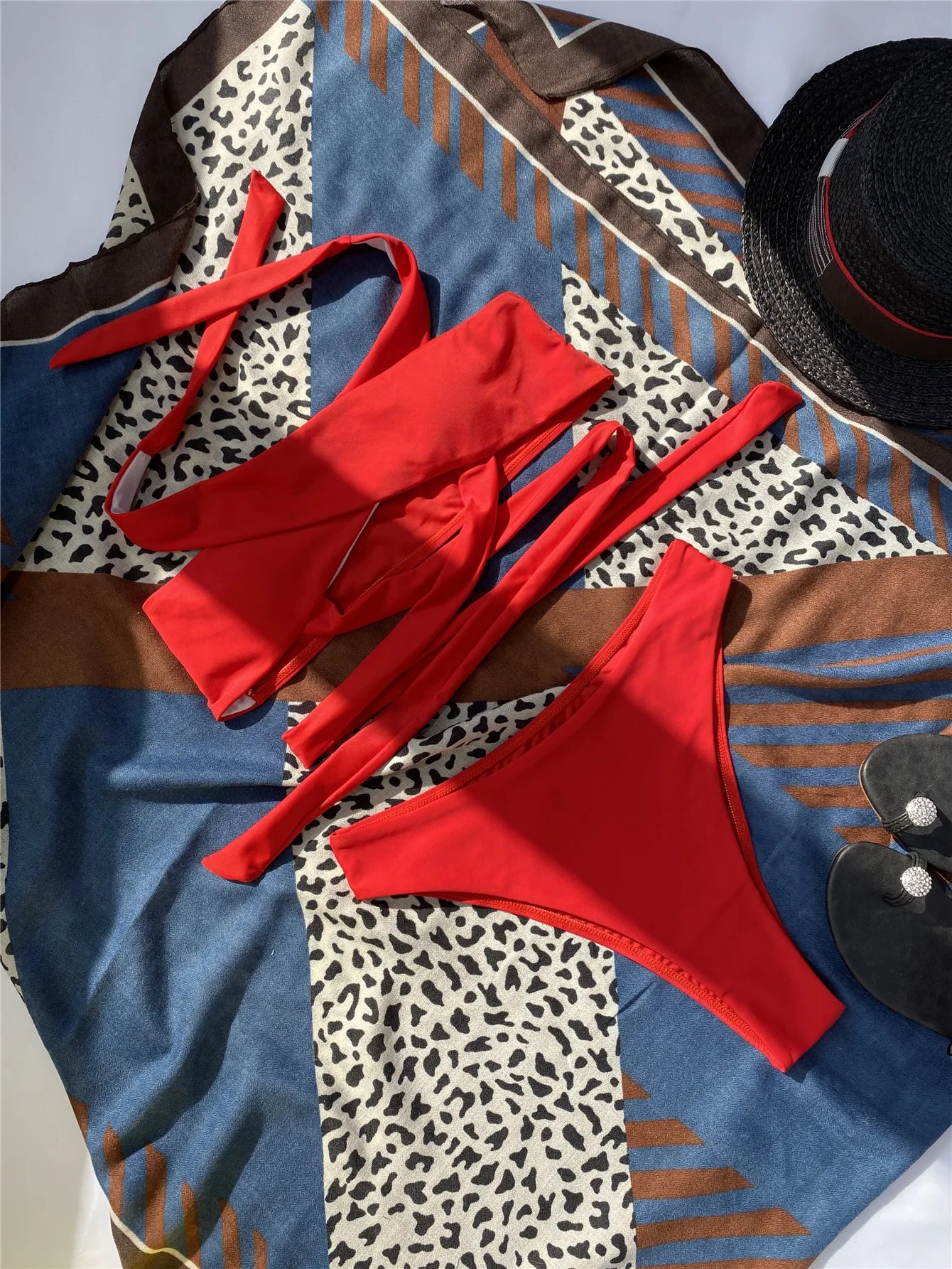 Cross Halter Hollow-Out Bikini Set — High Neck Wrap Top & High Waist Bottoms | Women's Swimwear