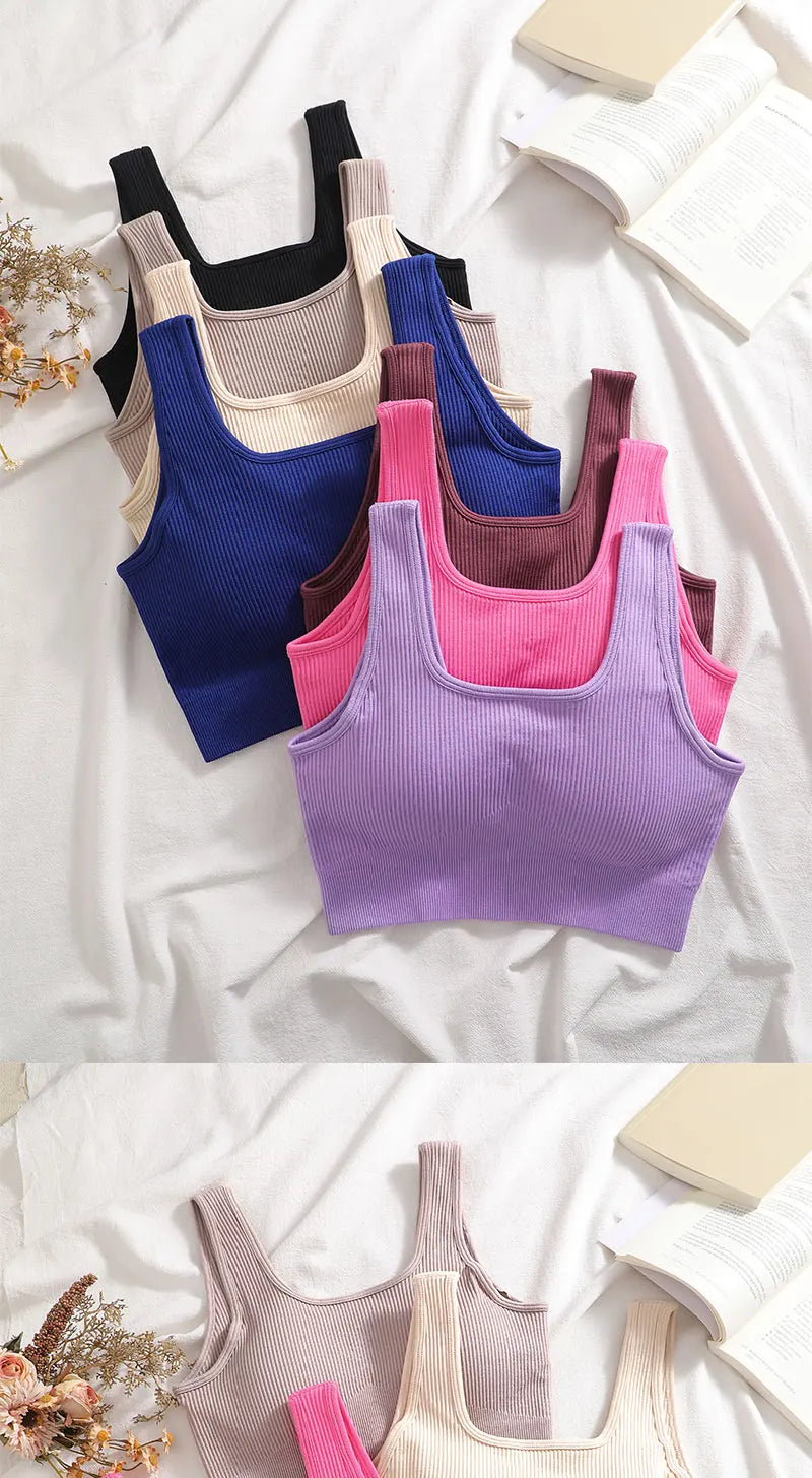 Women's Ribbed Yoga Tank Top – Padded Sports Bra | Square Neck Workout Vest