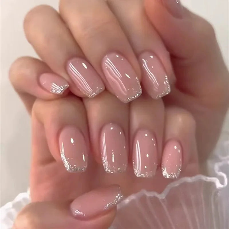 Nude Pink Short Square Press-On Nails - French & Gradient, 24 Pieces