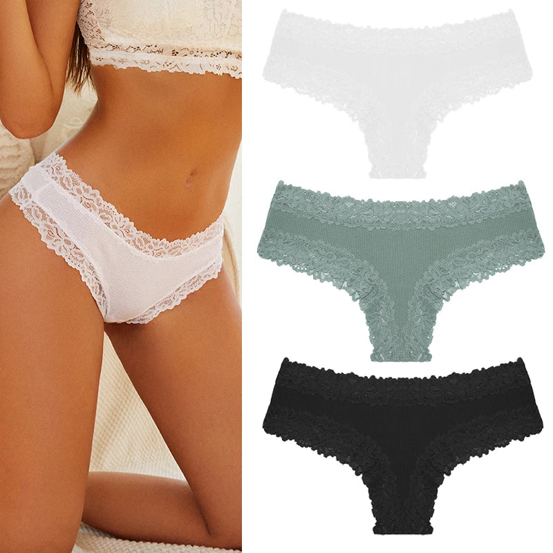 Women's Cotton Lace Briefs – 3-Piece Set | Soft Low-Rise Stretch Underwear (S–XL)
