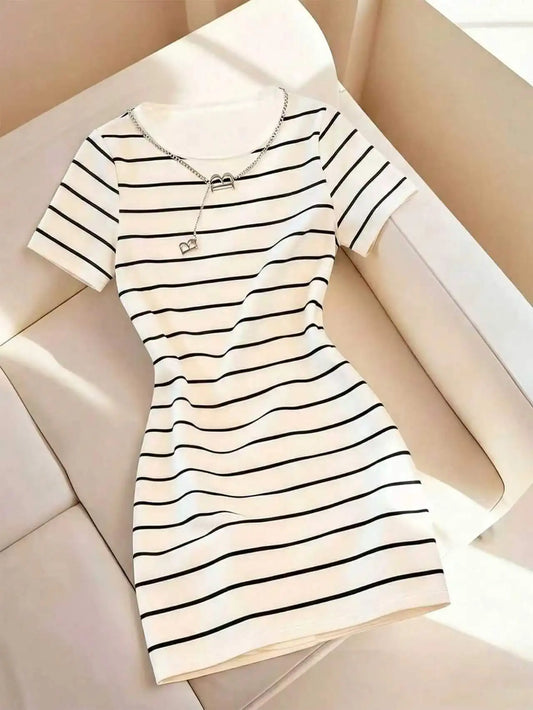 Striped Print Wrap Mini Dress – Round Neck Short Sleeve | Elegant Casual Style