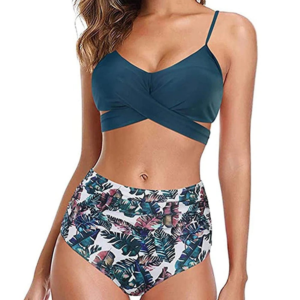High Waist Bikini Set — Cross Front Top & Ruched Bottoms | Women's Swimwear