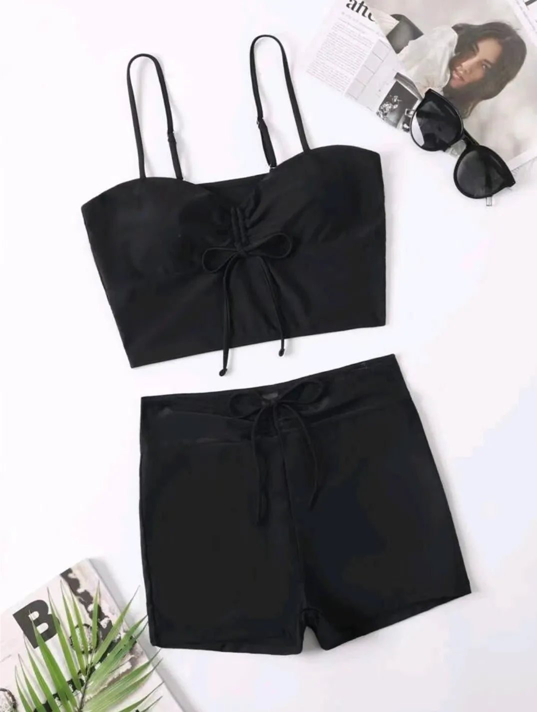 High Waist Shorts Bikini Set — Drawstring Top & Swim Shorts | Women's Swimwear