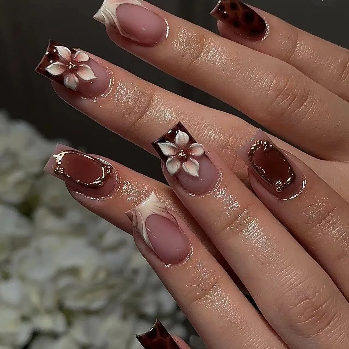 Medium Square Press-On Nails with Adhesive - Blush Pink Floral & French, 24 Pieces