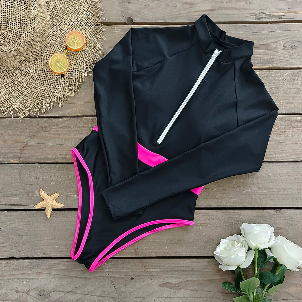 Color Block Surfing One-Piece Swimsuit — Long Sleeve Zipper | Women's Sport Swimwear