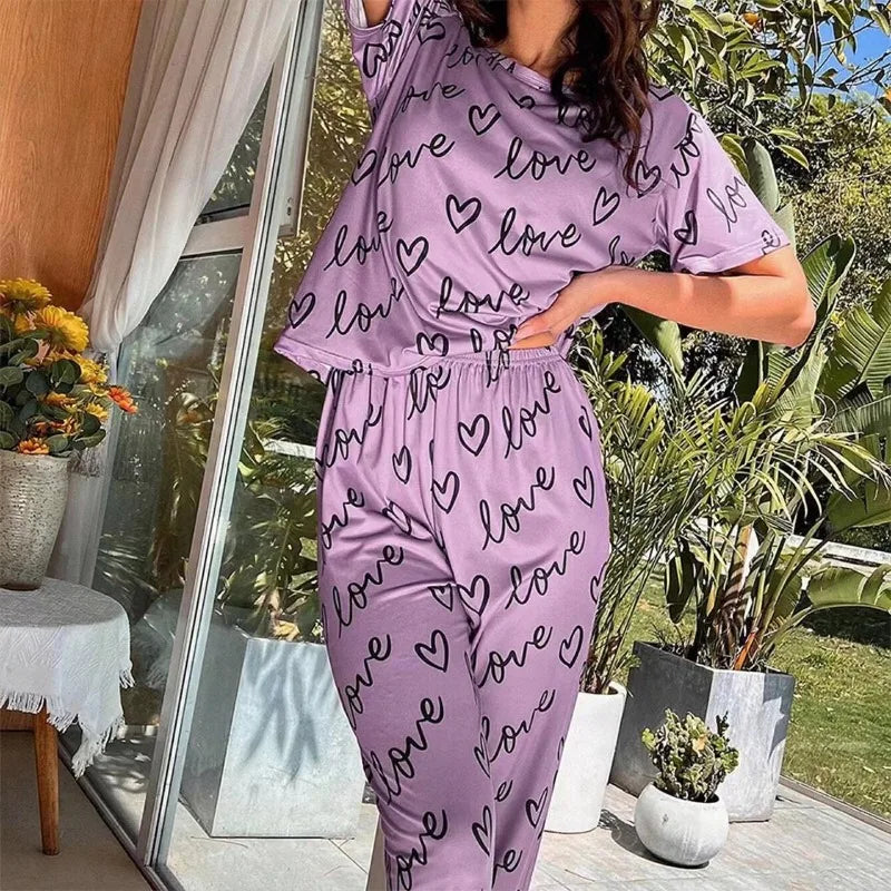 Letter Print Short-Sleeve Pajama Set – T-Shirt & Full-Length Pants, Casual Homewear (S–2XL, 5 Colors)