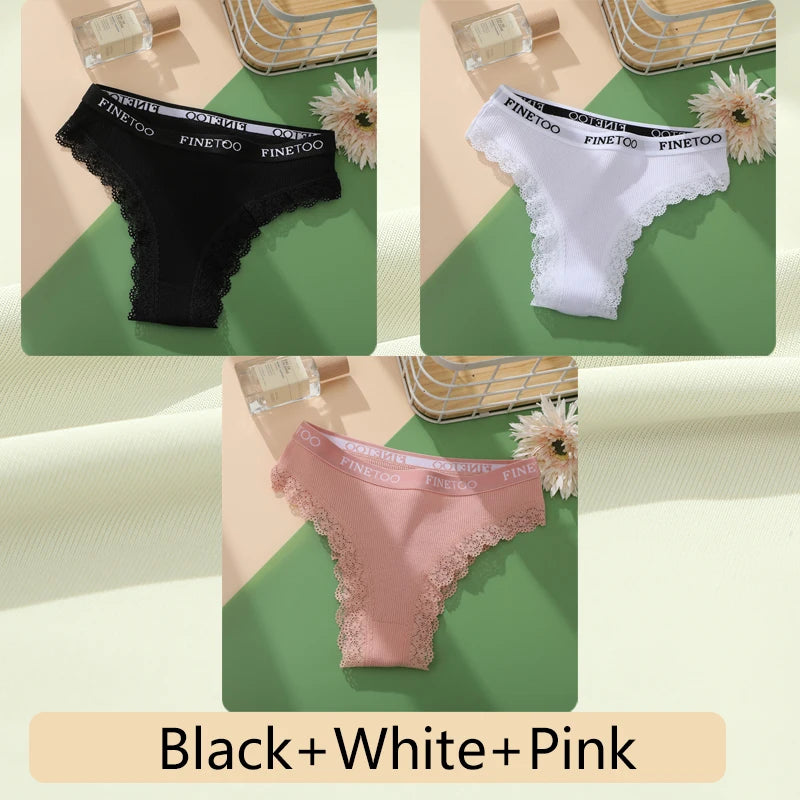 3-Pack Cotton Lace-Trim Brazilian Thongs — Logo Waistband Low-Rise G-String M–2XL