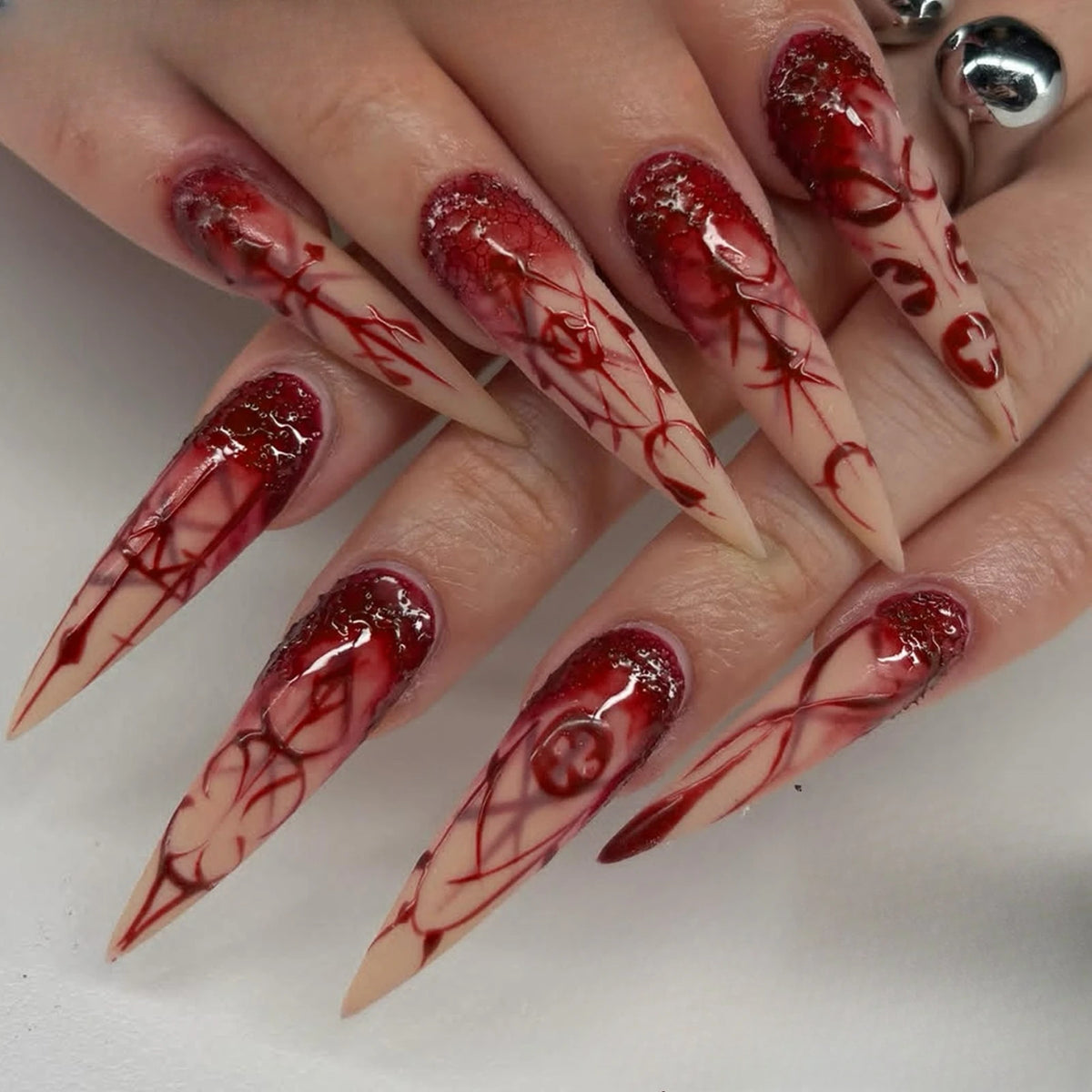 Halloween Blood-Pattern Press-On Nails – Long French Designs, 24 Pieces