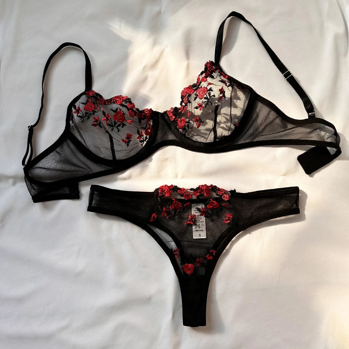 Embroidered Lace Triangle Bra & Thong Set — Wire-Free Bow Detail | Women's Sexy Lingerie