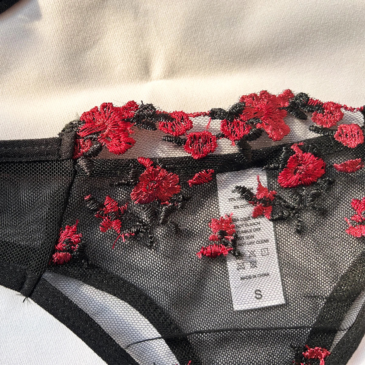 Embroidered Lace Triangle Bra & Thong Set — Wire-Free Bow Detail | Women's Sexy Lingerie