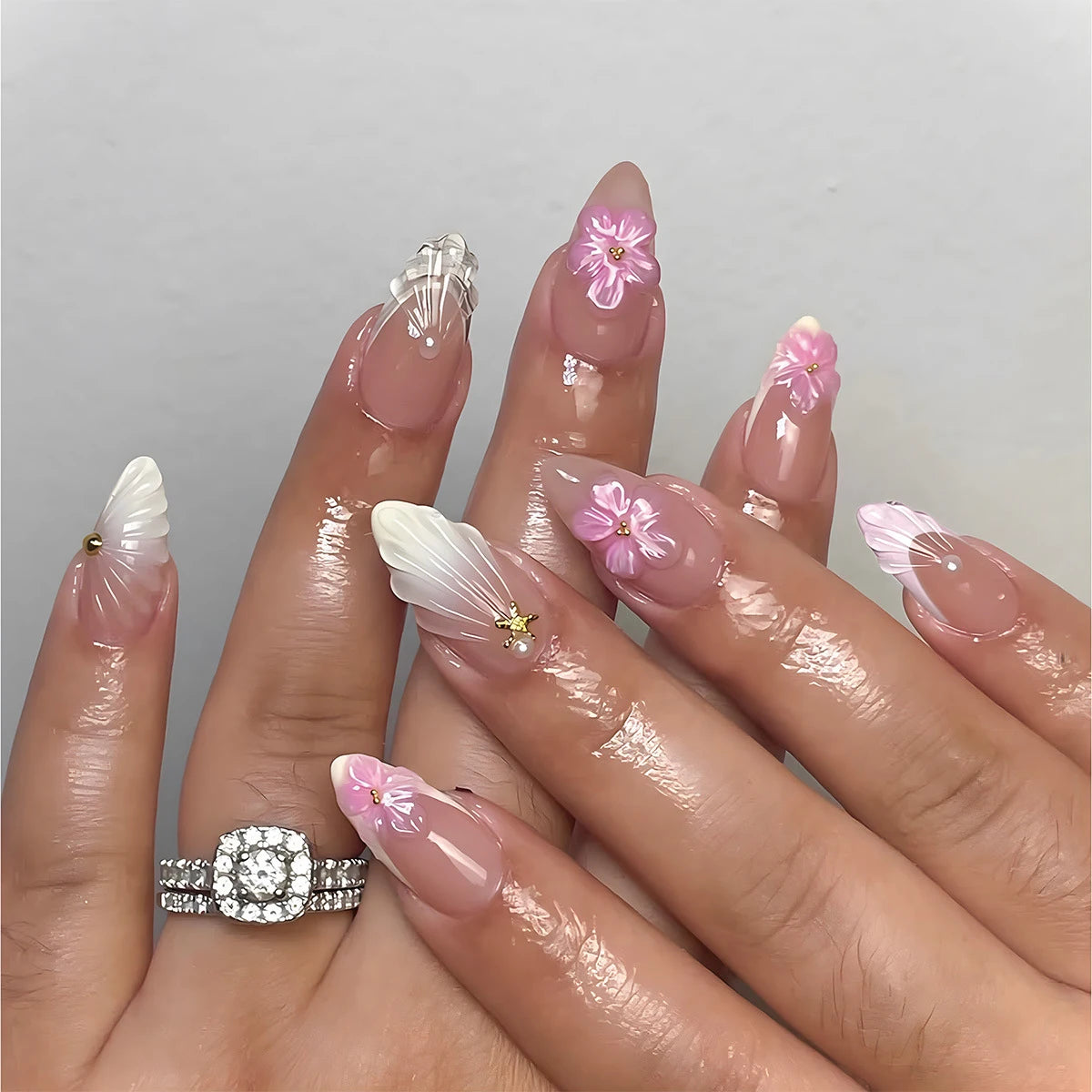 Almond Press-On Nails - 3D Floral, Butterfly & French Tip, 24 Pieces