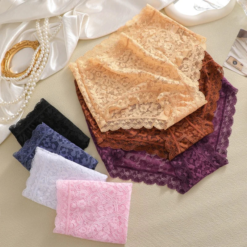 4-Pack High-Waist Lace Panties – Soft Breathable Hollow Briefs for Women (S–3XL, 9 Color Sets)