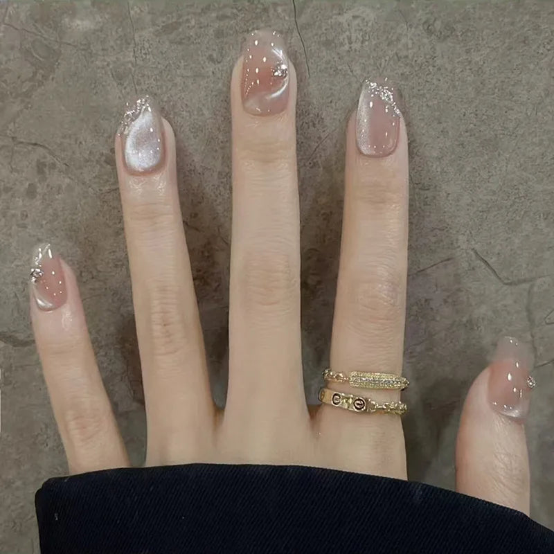 Short Press-On Nails - French Tip, Bow & Glitter Designs, 24 Pieces