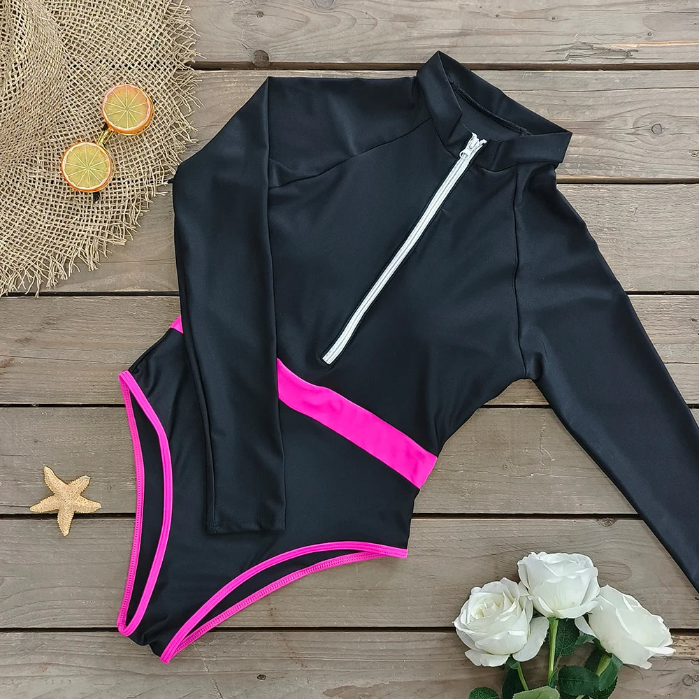 Color Block Surfing One-Piece Swimsuit — Long Sleeve Zipper | Women's Sport Swimwear