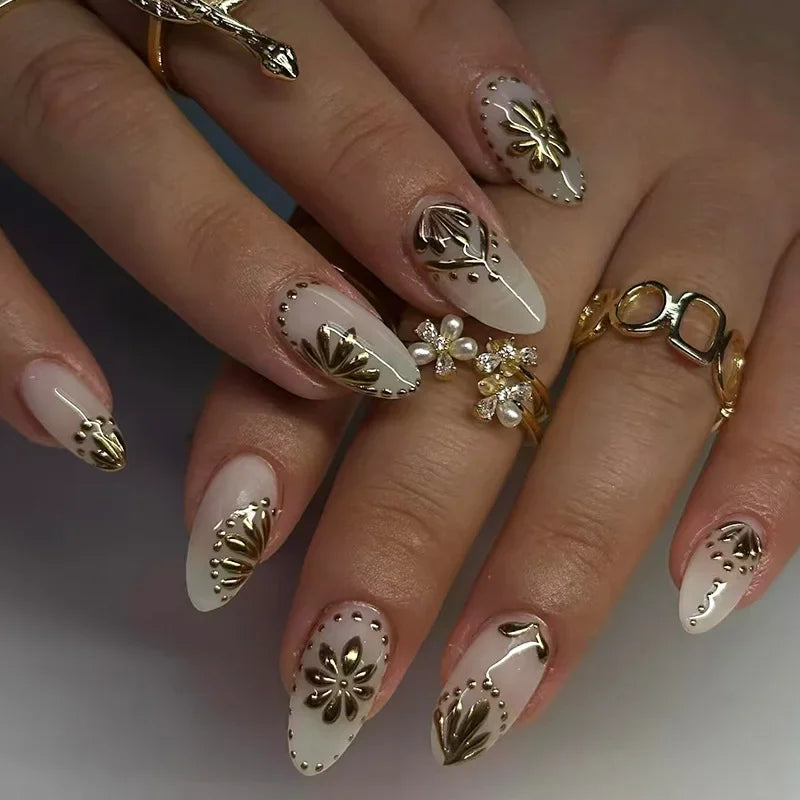 Short Almond Press-On Nails with Glue - Butterfly & Floral Glitter, 24 Pieces