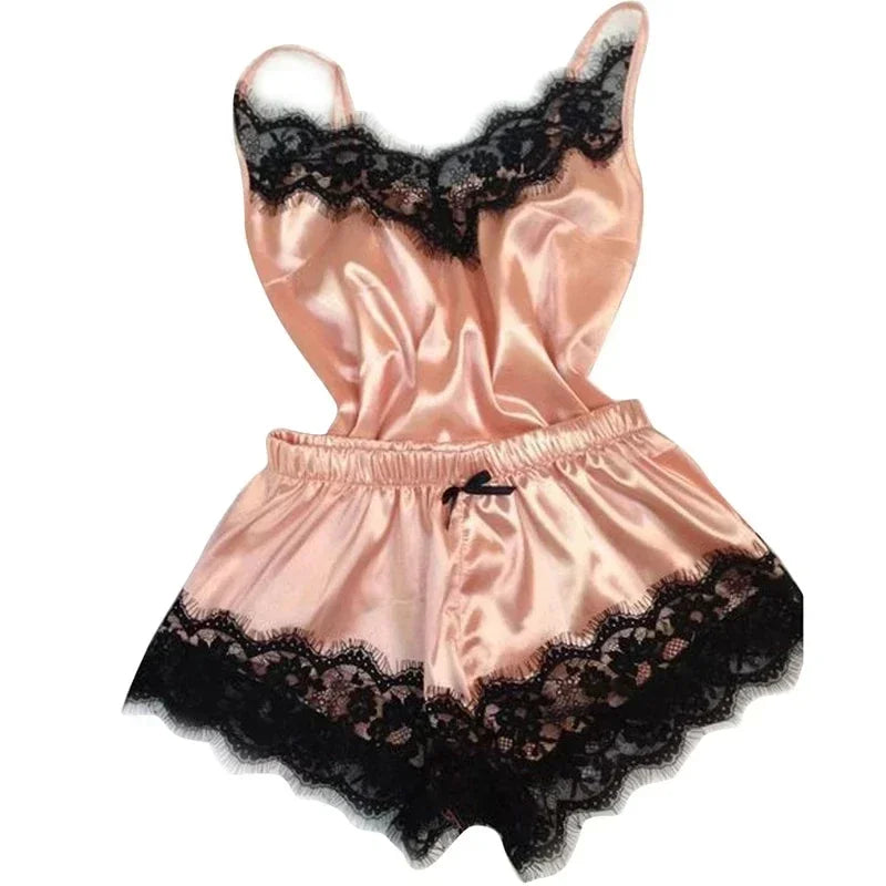 Lace Satin Spaghetti Strap Vest Top & Shorts Pajama Set – Stretch, Sleeveless | Women's Summer Sleepwear