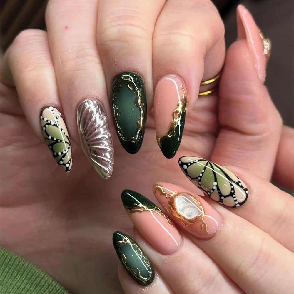 Short Almond Press-On Nails with Glue - Butterfly & Floral Glitter, 24 Pieces
