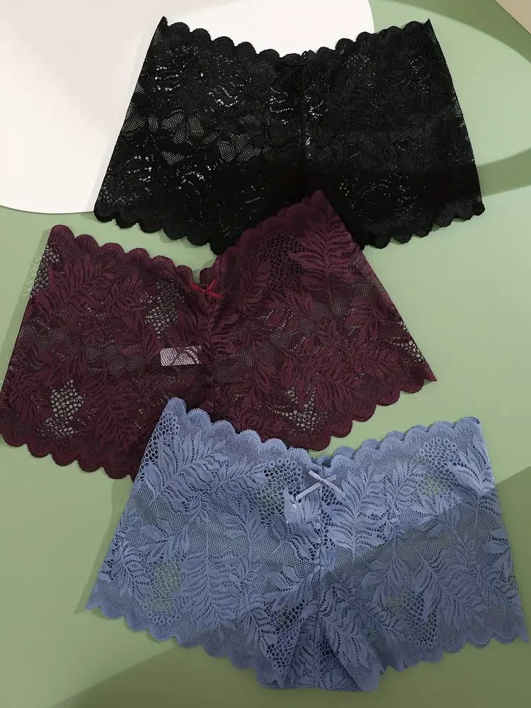3-Pack Ice Silk Lace Boyshort Briefs – Seamless Low-Rise Underwear for Women (S–XL, 6 Color Sets)