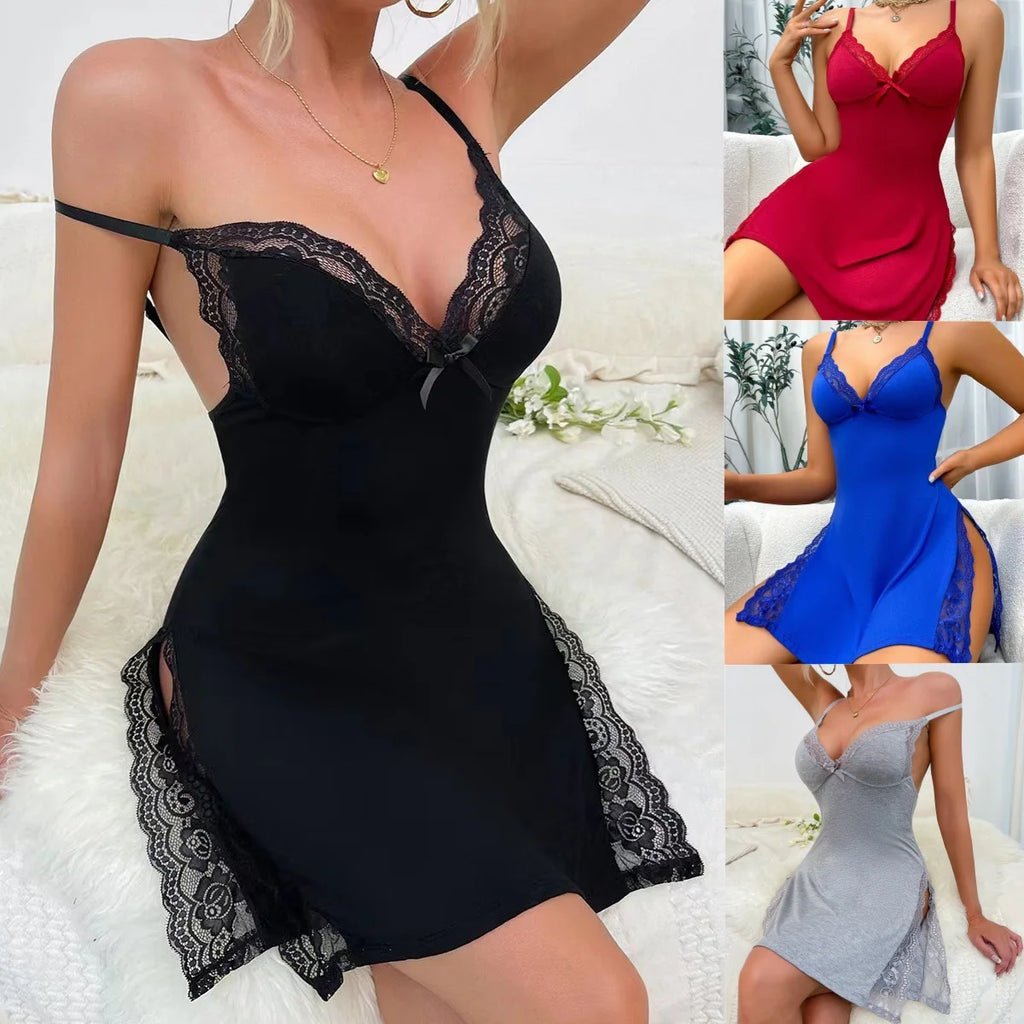 Lace Trim Slit Nightgown – V-Neck, Knee-Length, Sleeveless | Women's Homewear & Sleepwear