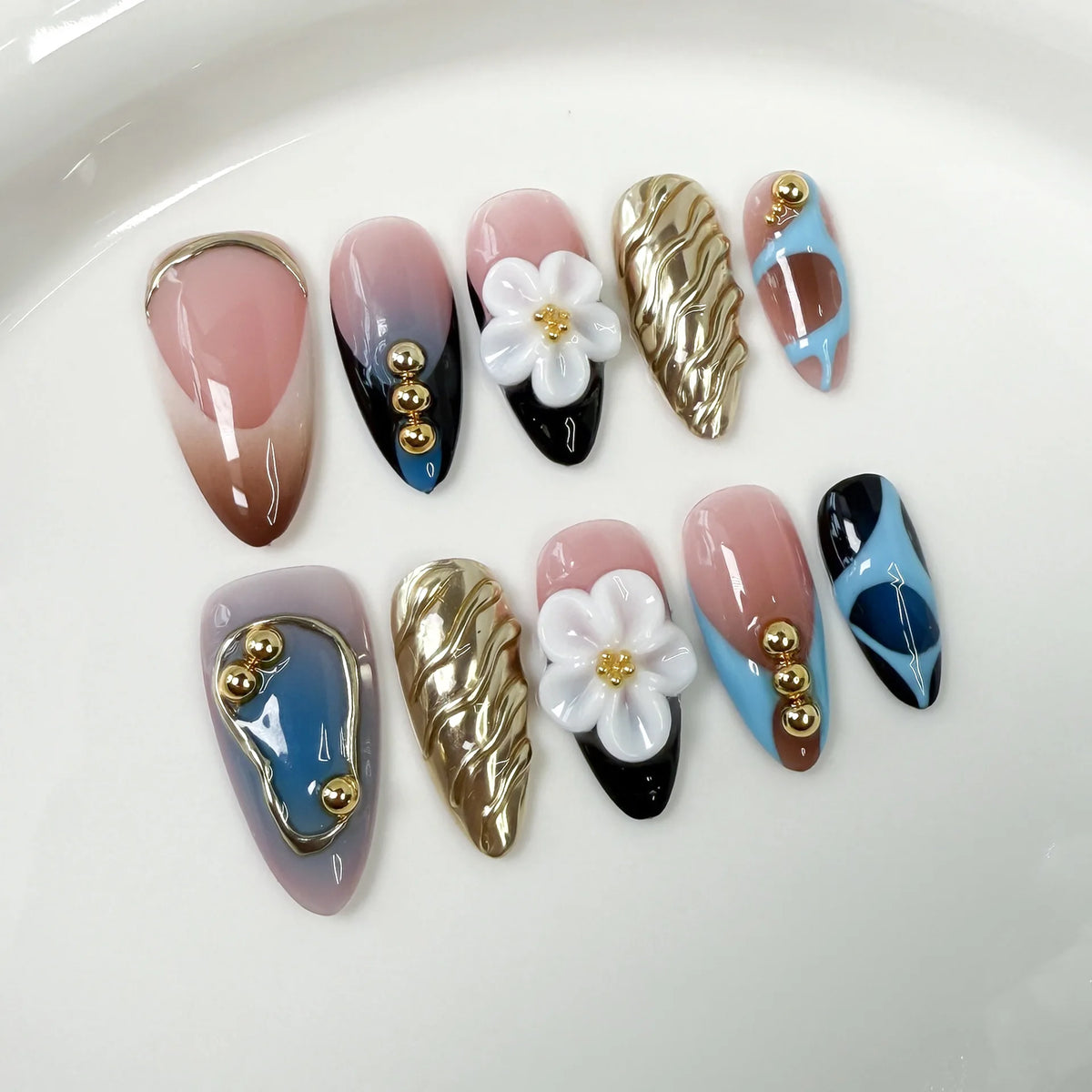 Pink Ombre Press-On Nails – Handmade Almond 3D Flower Designs, 10 Pieces