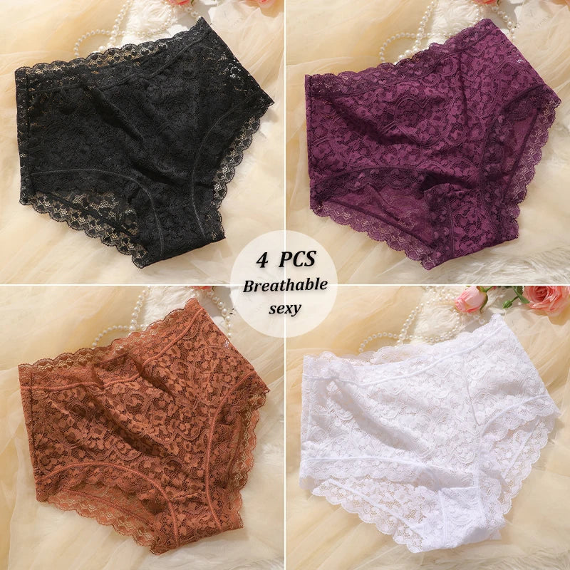 4-Pack High-Waist Lace Panties – Soft Breathable Hollow Briefs for Women (S–3XL, 9 Color Sets)