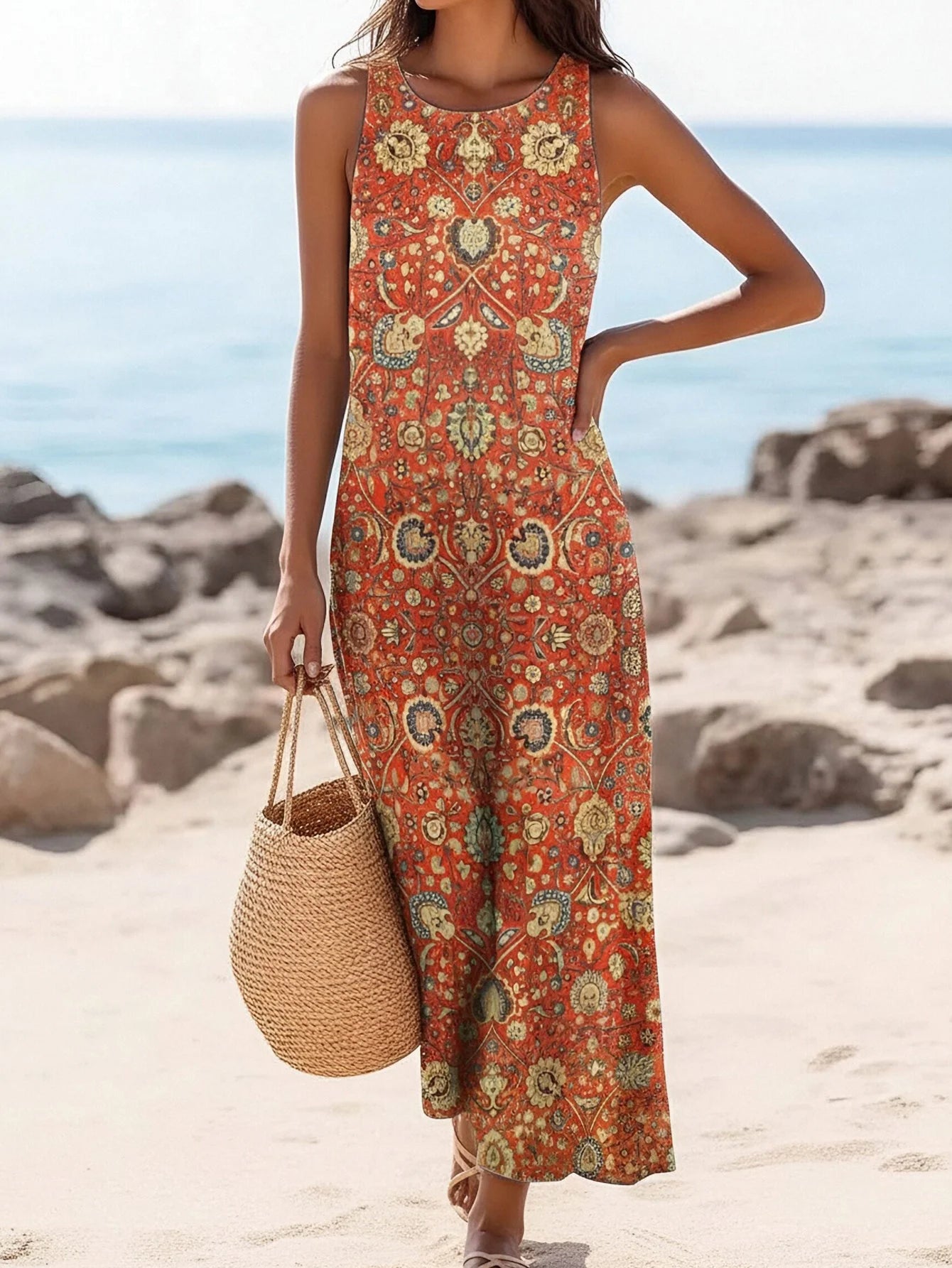 Women's Casual Dress with a Round Neck Sleeveless Featuring Paisley Pattern Print Leisure Bohemian Trendy V-neck Ankle-length